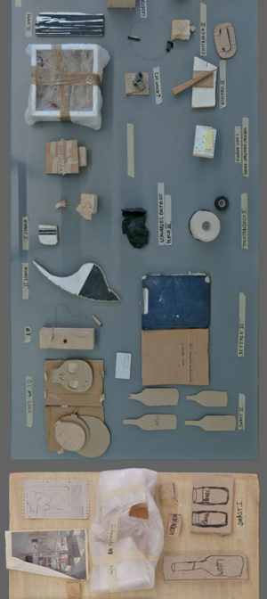Ausschnitt aus: Tische Salon Kartenrecht, 2013 Karton, Gummi, Klebeband, Holz, Schaumstoff, Vinyl, div. Objekte, 600 x 100 x 80 cm, Foto: Kartenrecht